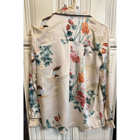 Zara Women's Oriental Japanese Garden Floral Print Satin Shirt Multicolor Small - Picture 6 of 15